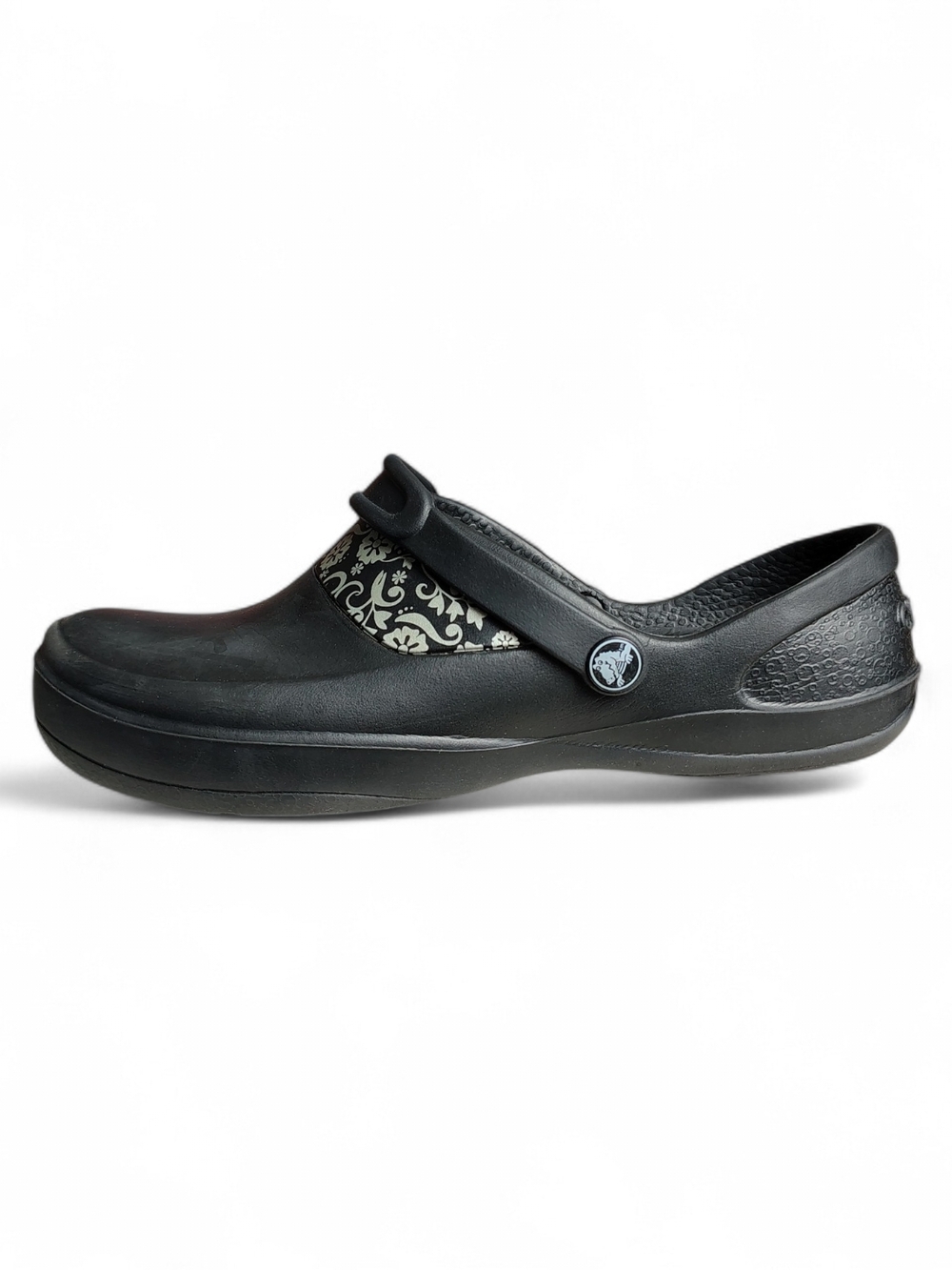 Crocs Mercy Clogs Black Silver Floral Women's Size 9 Slip Resistant Workwear
